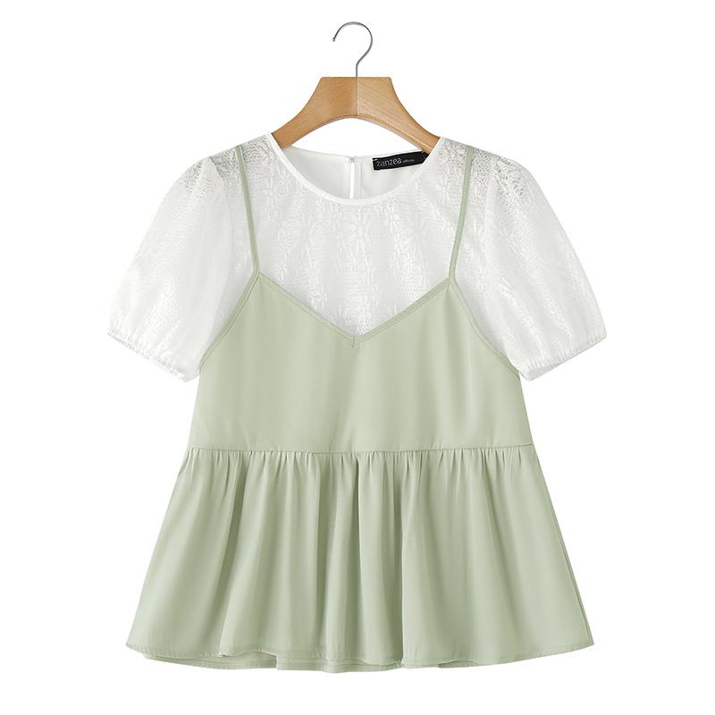 

ZANZEA Women Casual Fake Two Piece Lace Short Sleeve Blouse 5XL світло-синій колір