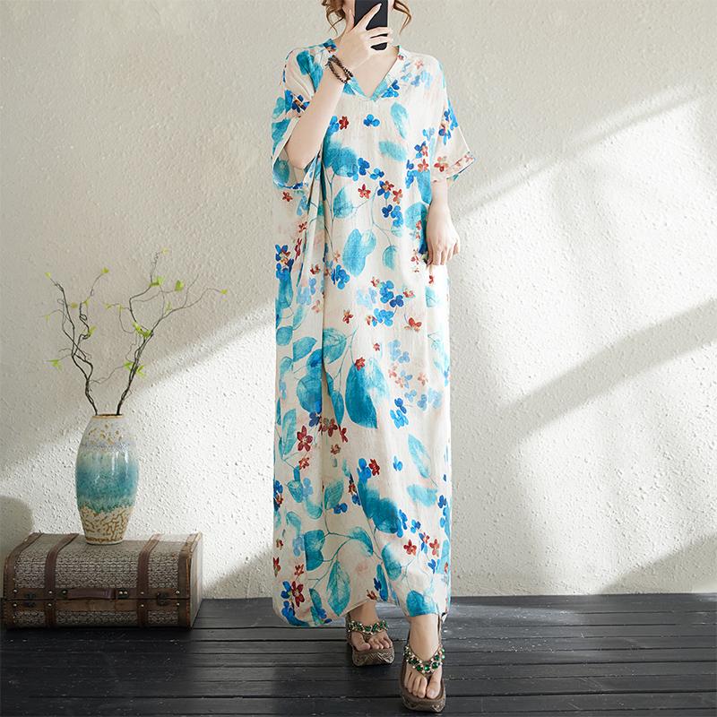 

Dimanaf Женское 2025 Plus Size Летнее Свободное Повседневное Базовое Платье Винтажное Длинное Платье Макси Цветочное Новое Белье One Size синий