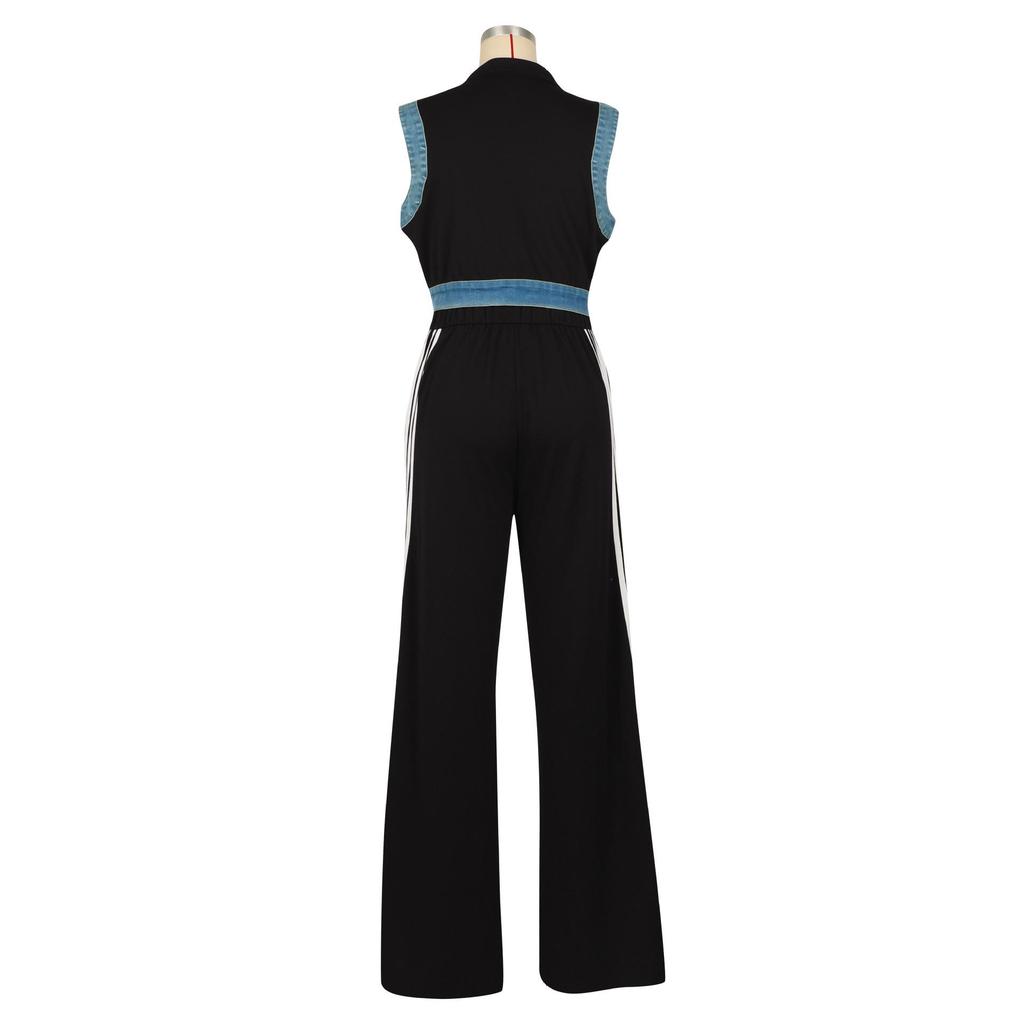 European and American Women's Sleeveless Patchwork Striped Jeans Two-piece Set - Summer Collection