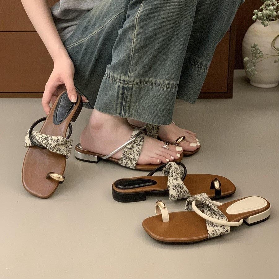 Holiday style! With skirt silver metal toe slippers women summer wear socialite thick heel French beach cool slippers