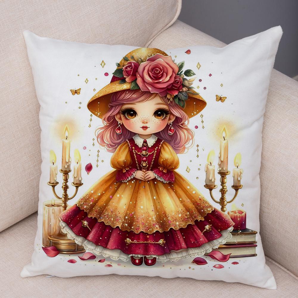 Rose Candle Witch Girl Cushion Cover Decor Cute Cartoon Children Pillowcase for Sofa Home Car Soft Plush Pillow Case xcm
