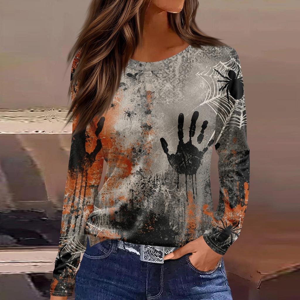 Women's Halloween Print Long Sleeve Top - Casual Pullover with Split Hem, Fun Holiday Design for Parties and Daily Wear