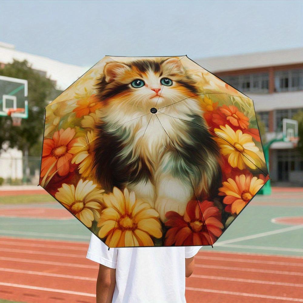 

1pc Cute Kitten & Floral Print Open/Close Umbrella with, 8-Rib Reinforced Frame & Compact Folding Design - Portable Parasol fo (as the picture,Iron&8K)