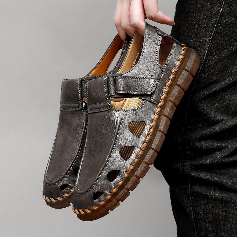 FashionGenuine Leather Men's Summer Shoes Hot Sale Male Sandals New Fashion Handmade Hollow Out Roma Flats Quick Dry Wading Aqua Shoes