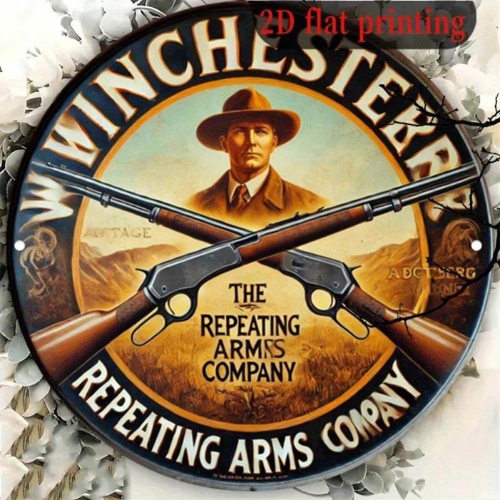 Winchester Repeating Arms Vintage 2D Aluminum Plaque Round Metal Sign Western Bar Home Shotgun Decor 8x8 Inch
