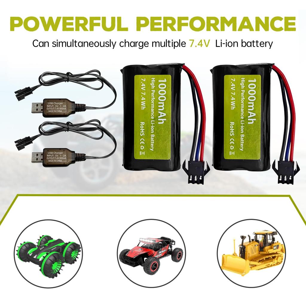 2PCS 7.4V 1000mAh 2S Li-ion Battery with SM-3P Plug and USB Charging Cable for DE82, TK3086B, G20601 RC Remote Control Car, TK-3082B, Special
