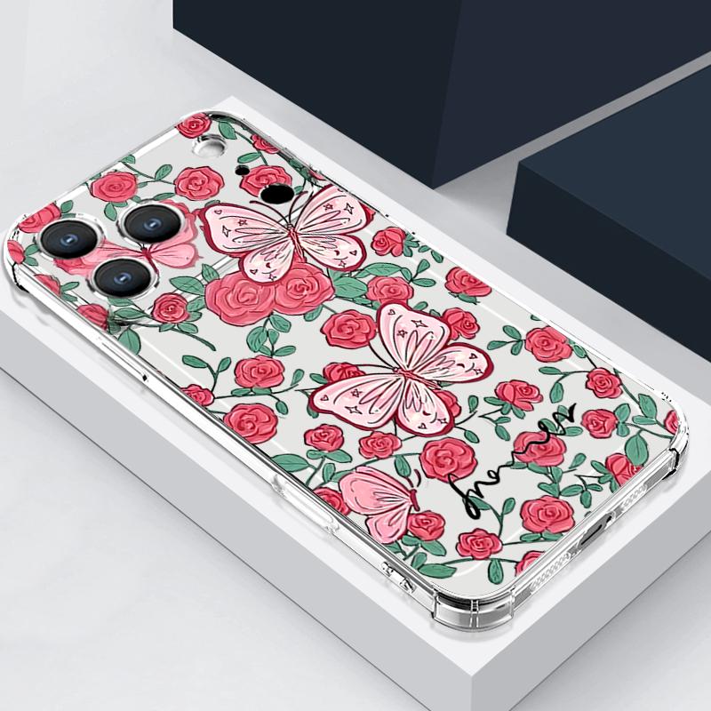 

Rose Flower Butterfly Print Silicone Phone Case For iPhone 17 Pro Max 16 15 14 Pro Max 13 12 Pro 11 Shockproof Soft Clear Cover iPhone17