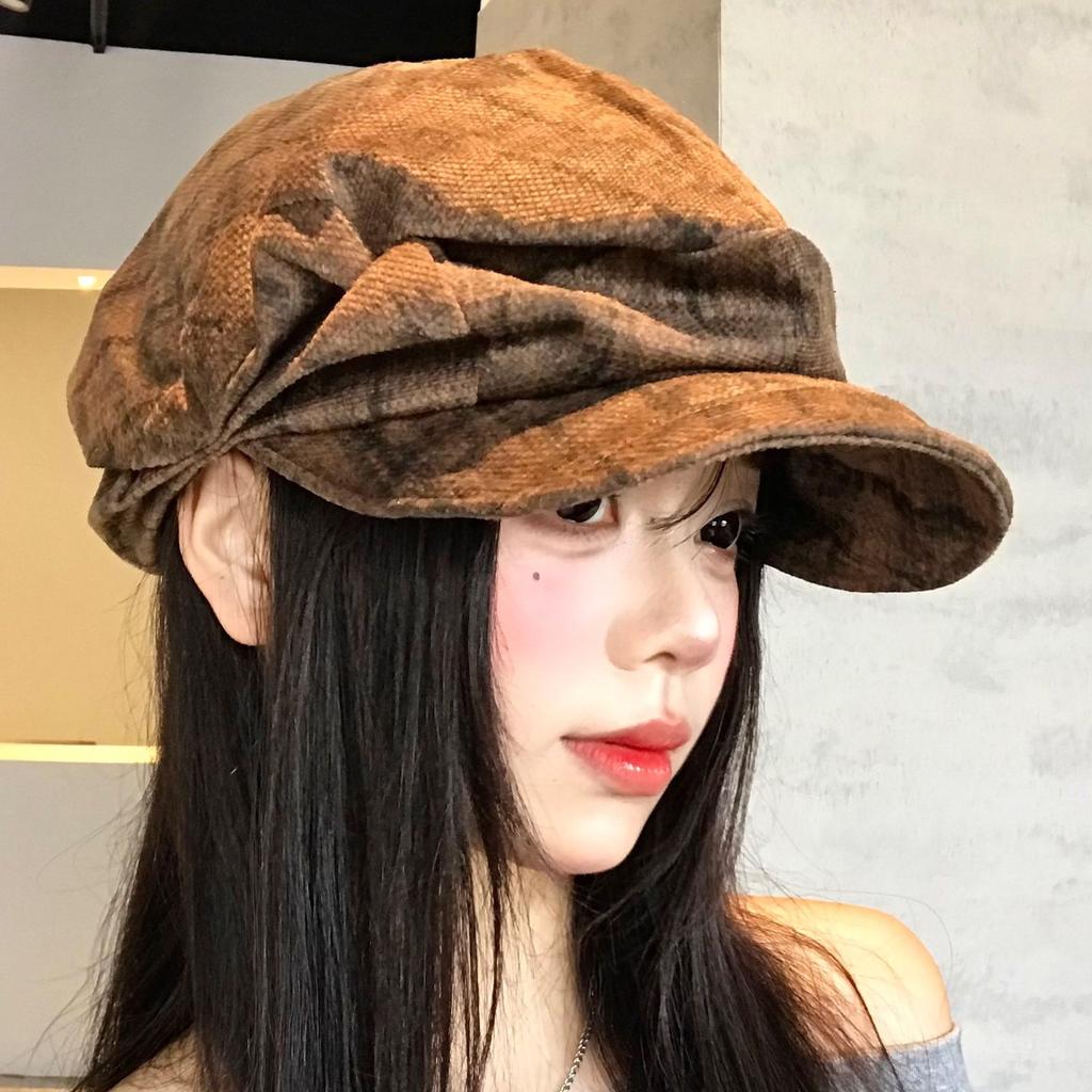 Vintage British Style Pleated Cloud Octagonal Hat Women'S Niche Versatile Beret Big Head Circumference Showing Face Small Newsboy Hat