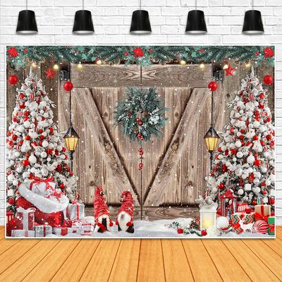 Christmas Party Backdrop Wooden Door Christmas Tree Snowflake Snow Scene Kids Portrait Photography Background Photo Studio Props