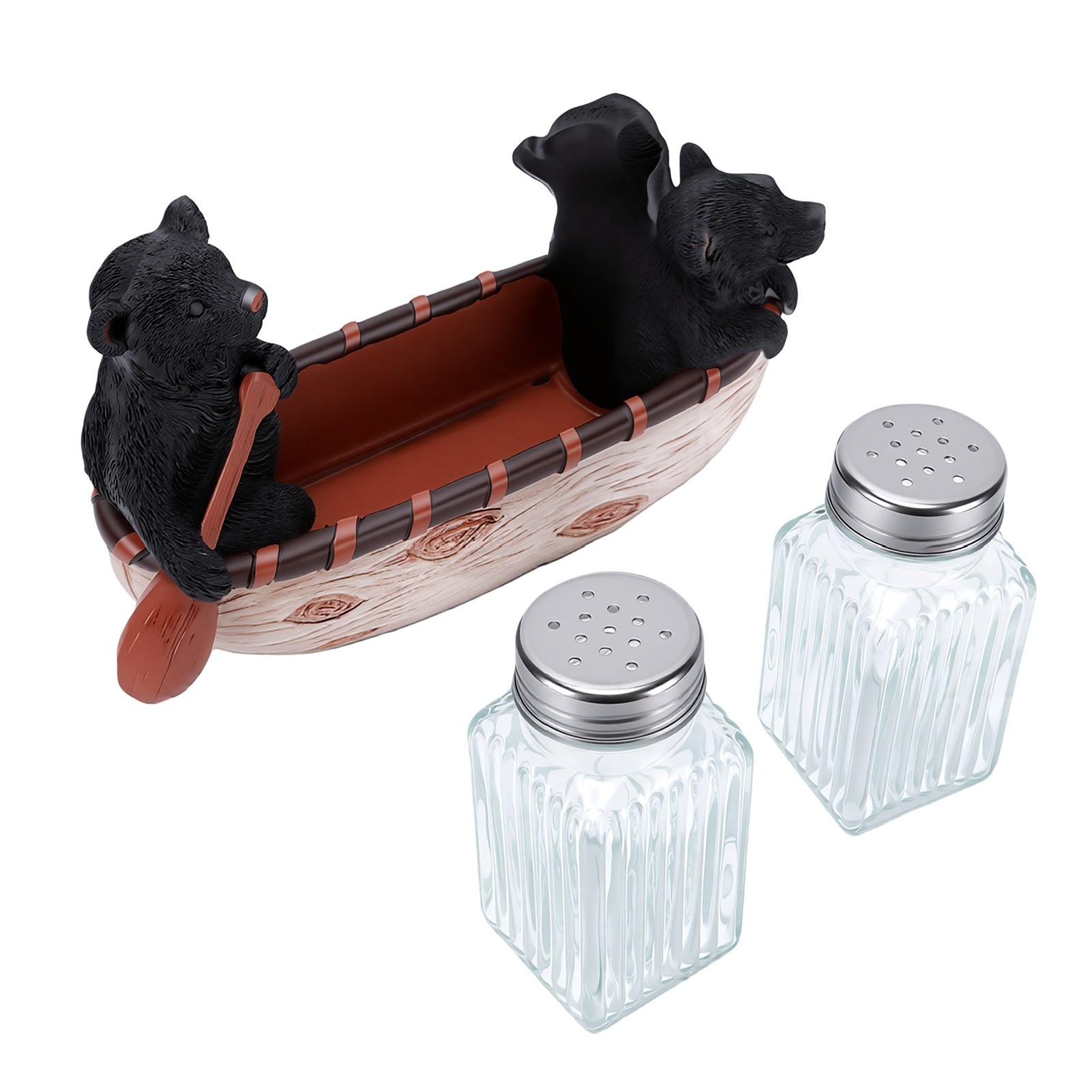 Ensemble de salières et poivrières Ours Noir en Canoë Ensemble Distributeurs Shakers Bouteilles en Verre pour Sel et Poivre
