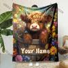 Floral Highland Cattle Printed Blanket Can Be Custom with Name, Soft and Warm, Suitable for Home, Office, Camping and Girls Gift