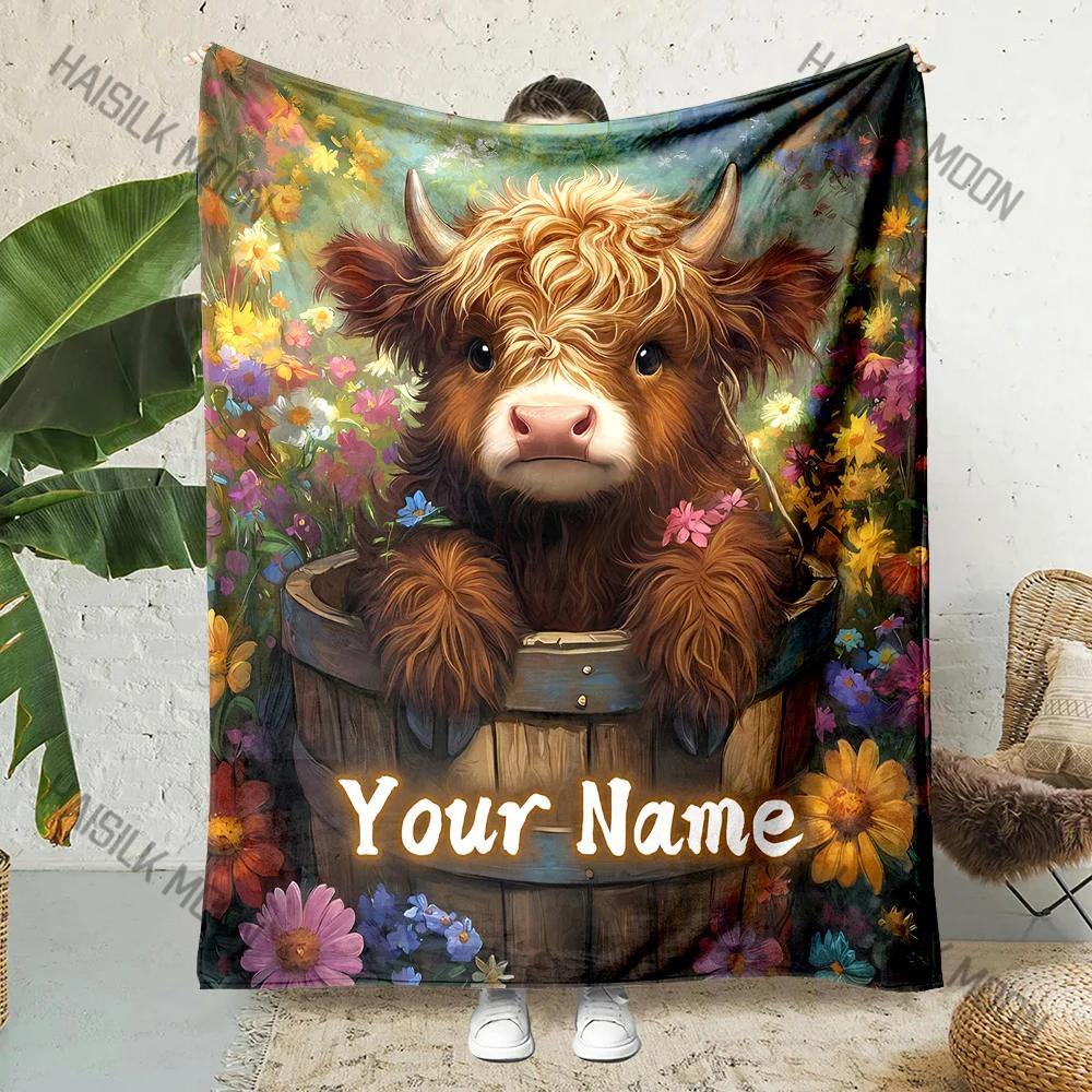 Floral Highland Cattle Printed Blanket Can Be Custom with Name, Soft and Warm, Suitable for Home, Office, Camping and Girls Gift