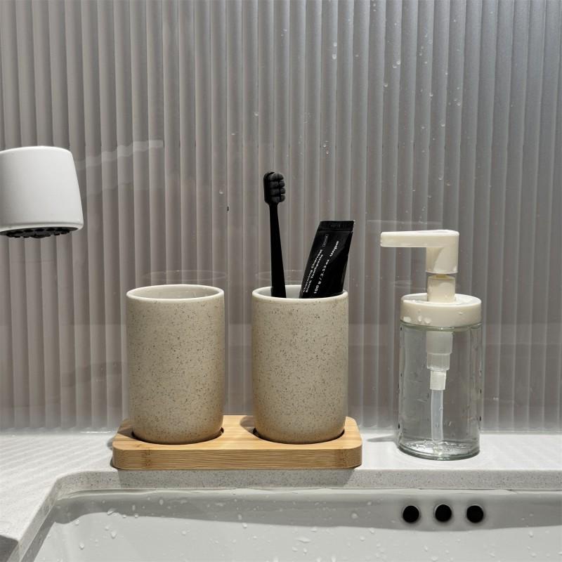 Japanese Style Ceramic Cup Set Hotel Home Bathroom - 280ml Sand Color Toothbrush Holder With Bamboo Tray