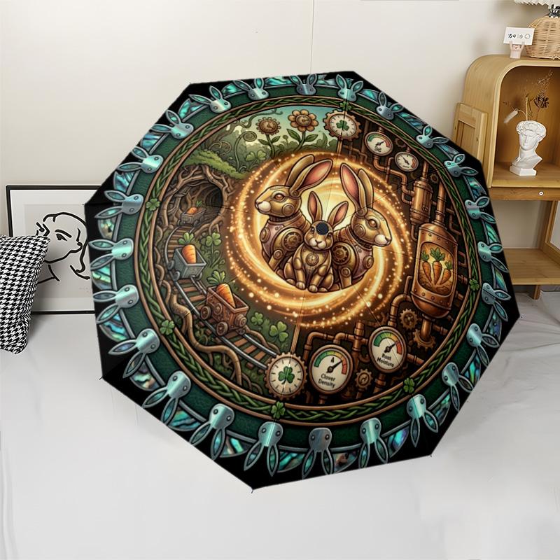 Steampunk Rabbit Garden pattern umbrella, portable and foldable design, 8 ribs, a casual accessory for Halloween, Christmas, and birthday gifts.