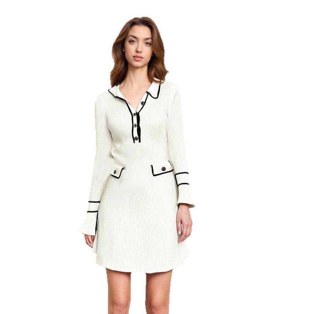 Autumn/Winter Women's Colorblock Knitted Waist-Hugging Long-Sleeve Dress with Turn-Down Collar.