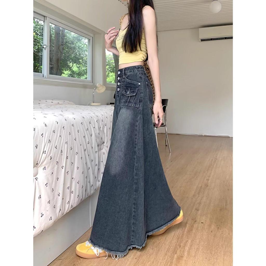 Spring Autumn Retro Plus Size High Waist A-line Denim Skirt for Women - Flattering Pear Shaped Figure & Slimming Belly Coverage