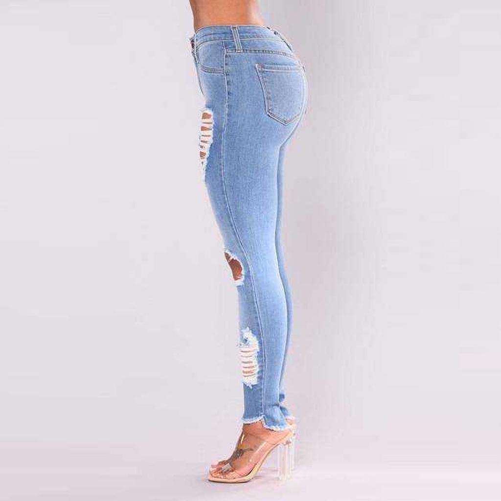 Women Slim Plus Size Ripped Hole Gradient Long Jeans Denim Regular Pants