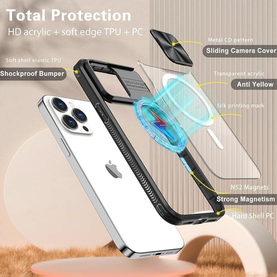 Slide Camera Lens Protector Shockproof Armor Case For iPhone 15 14 13 11 12 Pro Max For Magsafe Bumper Hard Clear Back Cover