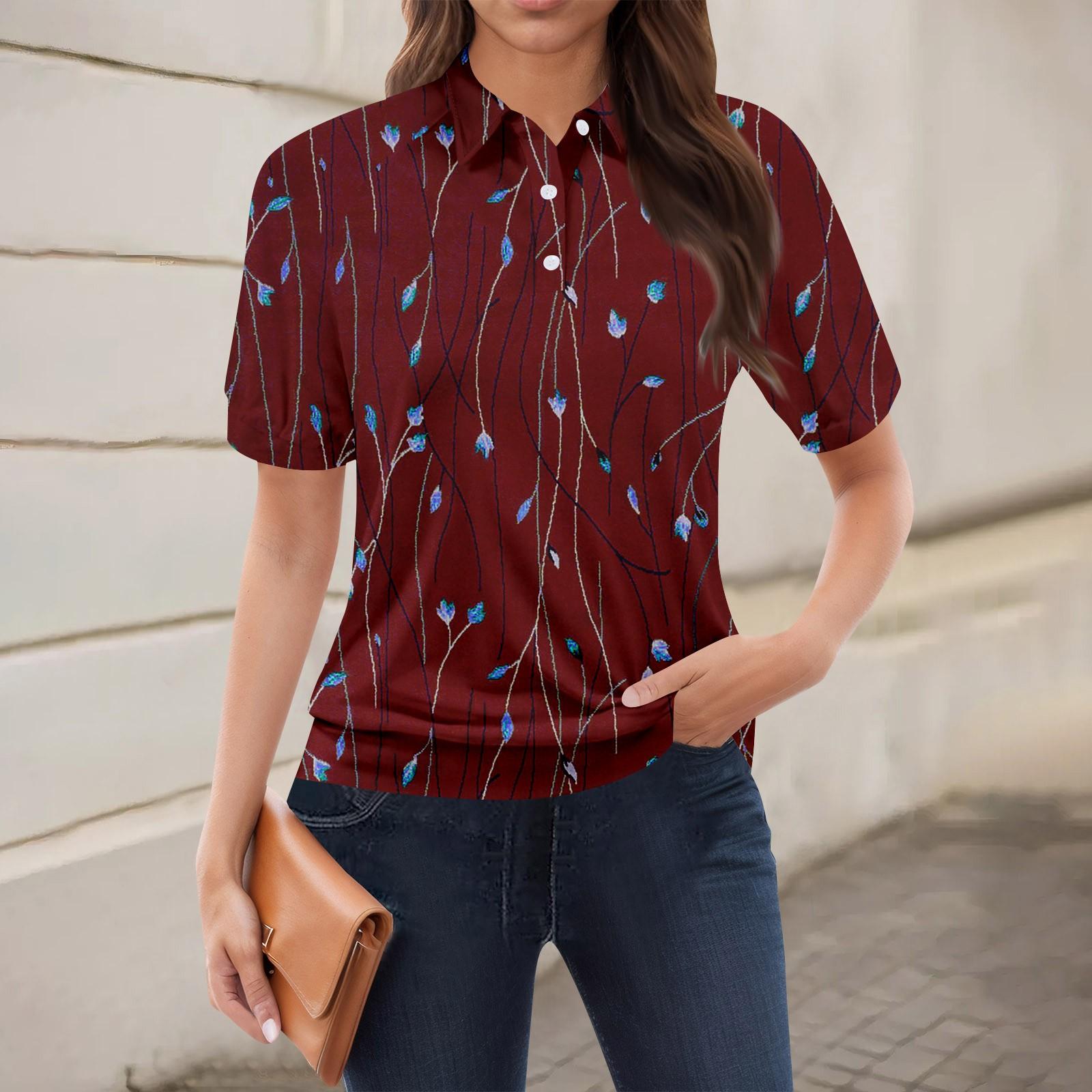 

Женская повседневная футболка с v-образным вырезом и коротким рукавом с цветочным принтом и декоративными пуговицами, топ L винный