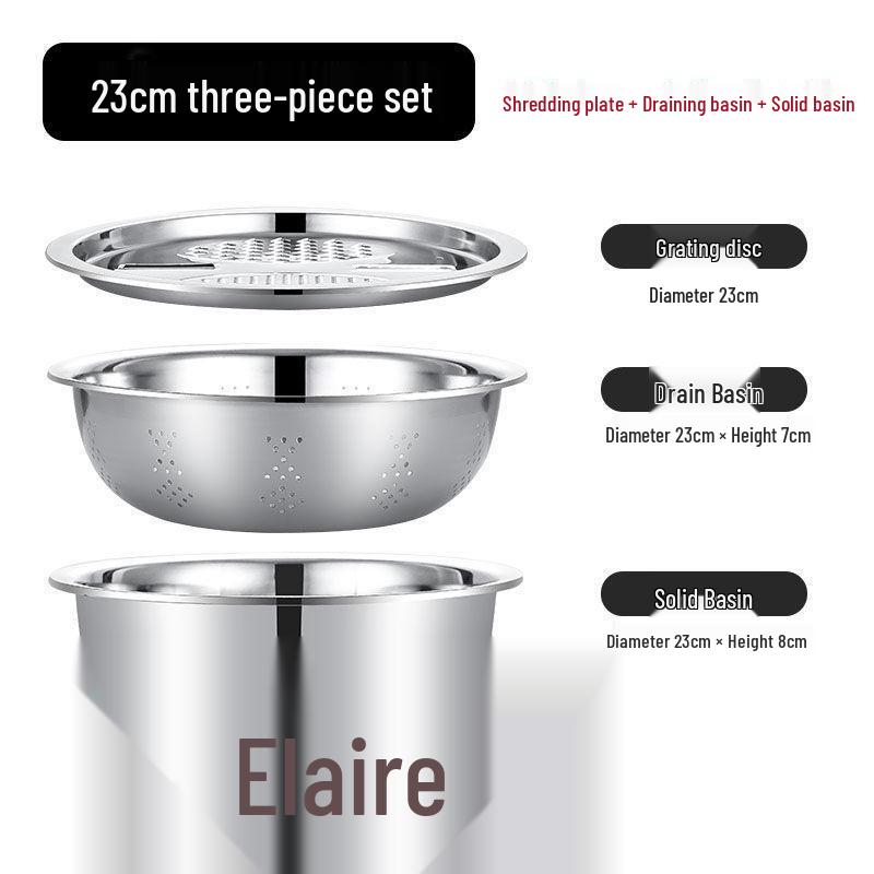 Stainless Steel 3-Piece Vegetable Grater & Slicer Set with Colander Basin