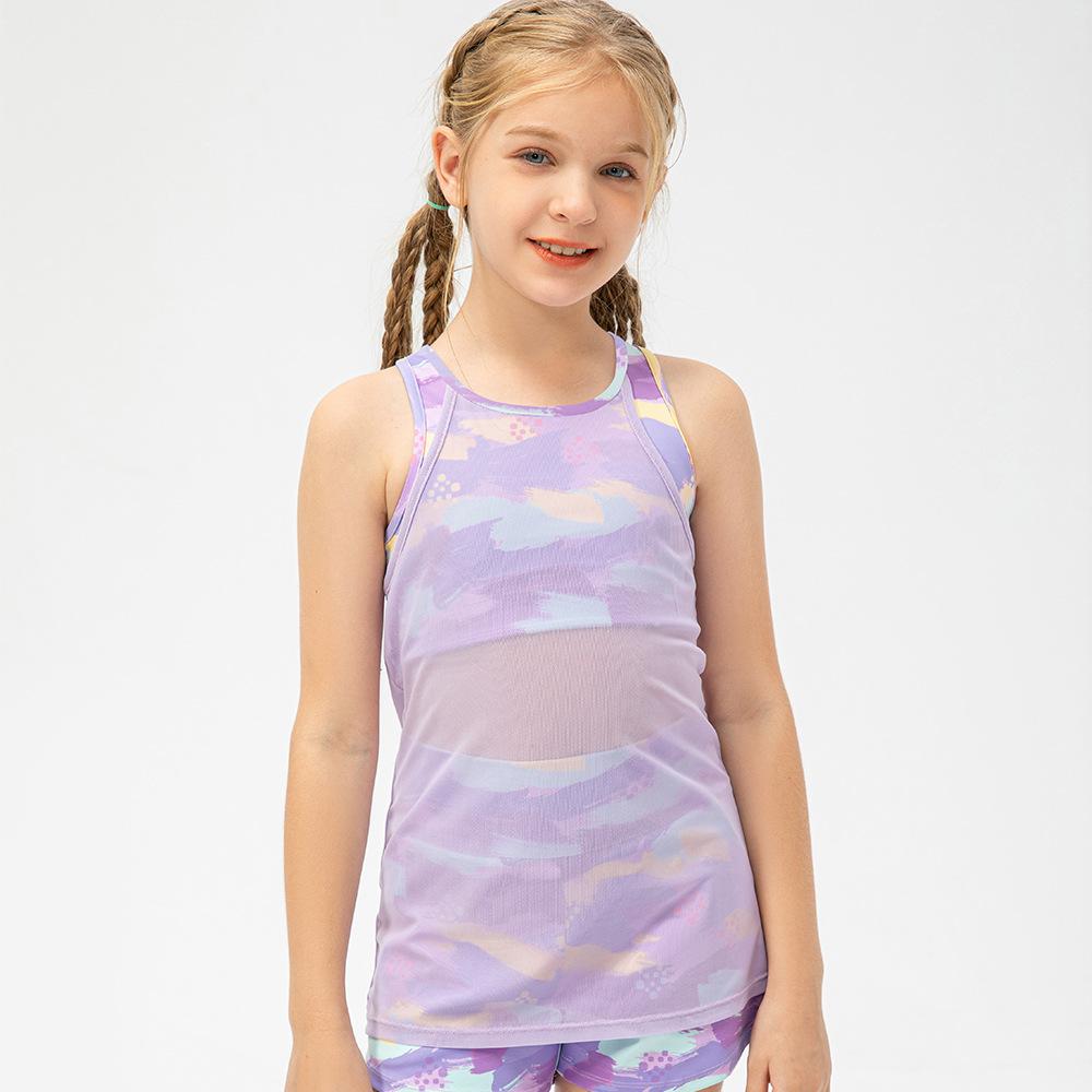 

Детский спортивный жилет, майка для девочек, детская танцевальная спортивная блузка, топ из сетки с имитацией двух частей 150
