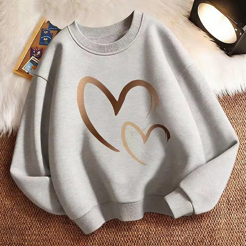 Chic Heart Print Girl's Pullover Sweatshirt - Spring O-neck Hoodie