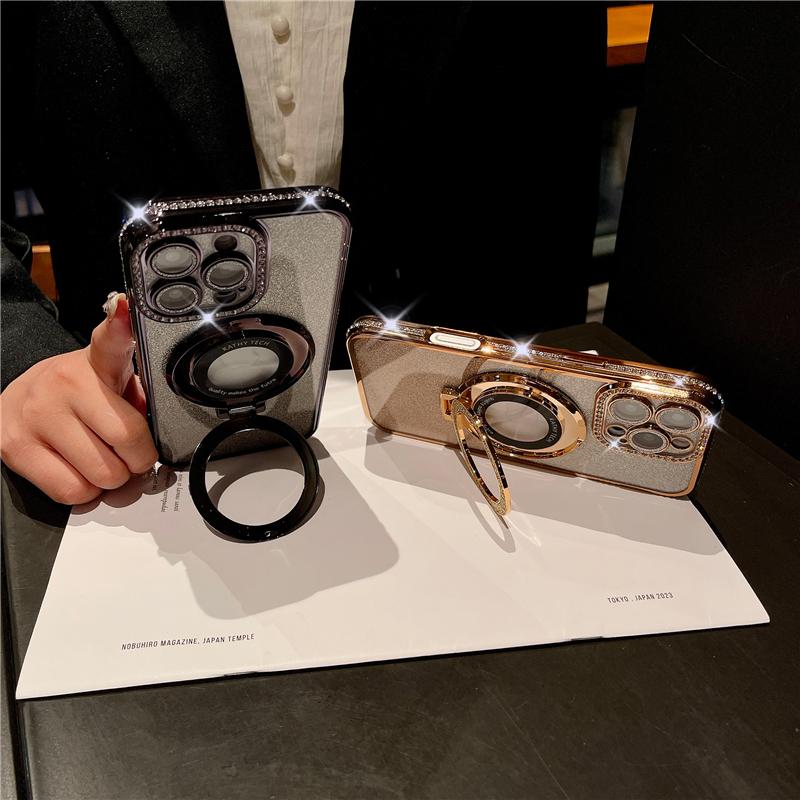 For iPhone 16 Pro Max Luxury Glitter Stand Holder Plating Flash Diamond Frame Phone Case For iPhone 11 12 13 14 15 16 Plus Cover