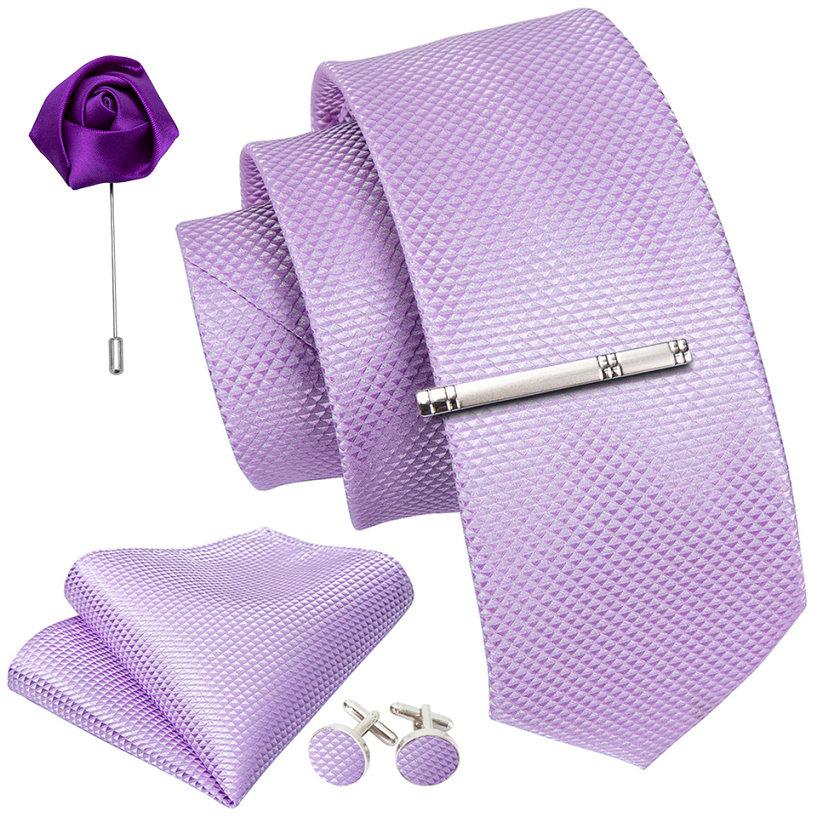 Barry, Wang Tie Set for Men Purple Paisley Silk Necktie Hanky Cufflinks Boutonniere Tie Clip Set