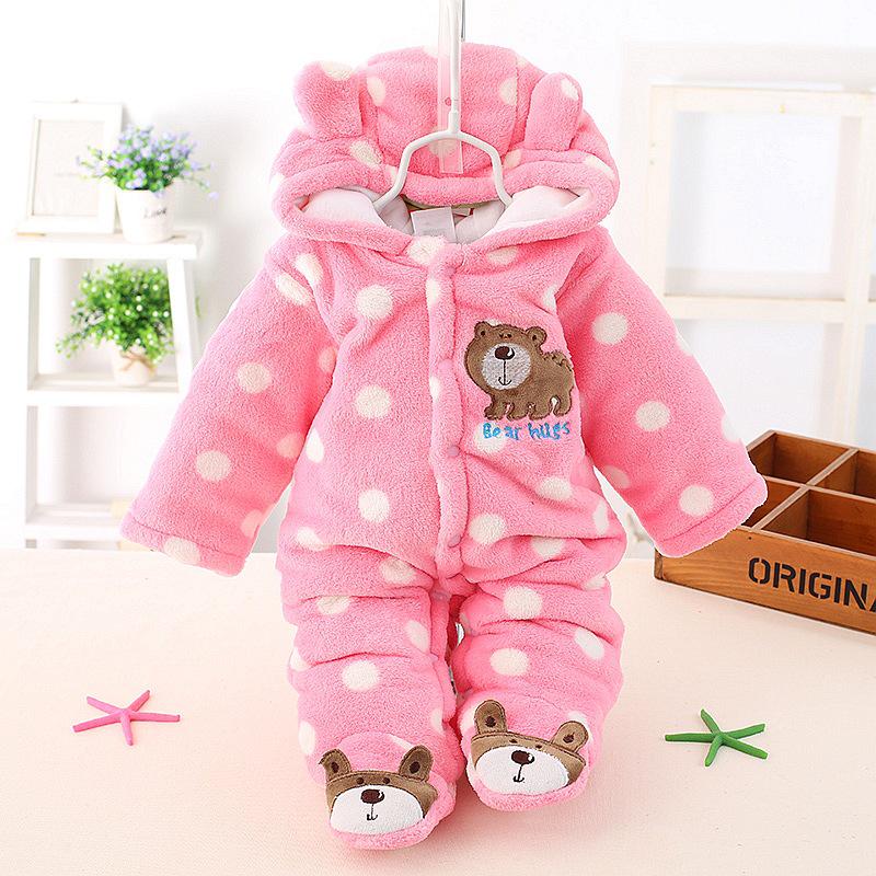 Polka Dot Bear Footed Baby Romper - Coral Fleece Crawling Suit for Autumn and Winter