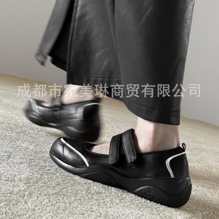Round head muffin bottom leather sports shoes women's 2025 spring and autumn new Velcro color matching platform casual moral training shoes