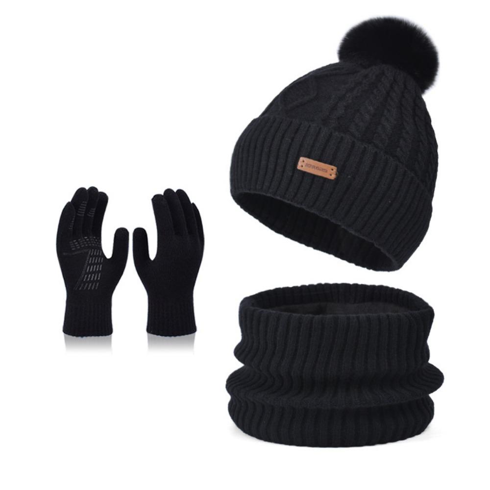 3pcs Solid Color Hat Scarf Gloves Set Warm Winter Beanie Hat Simple Thermal Knit Cap  Outdoor
