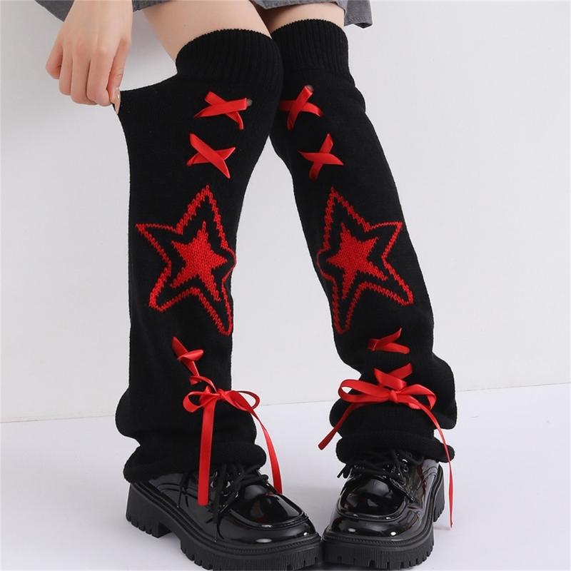 Women's Punk Star Pattern Knitted Leg Warmers with Ribbon Bows Flared Boot Covers Knee Length Socks Japanese Streetwear
