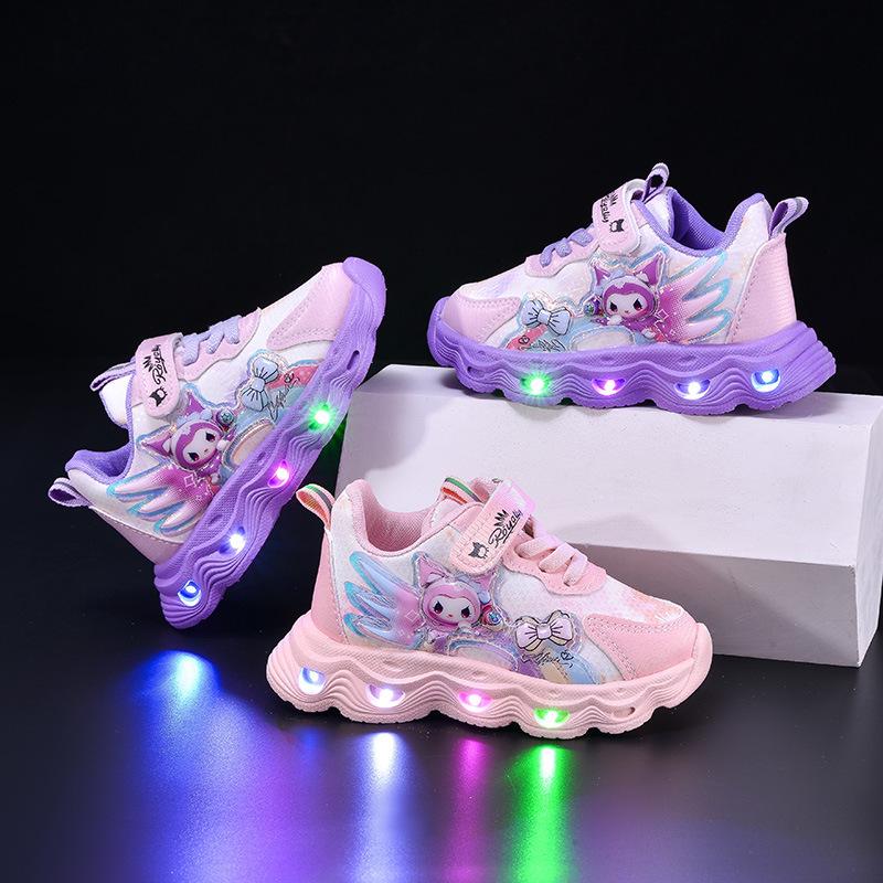 Kids' Kuromi Light-Up Cartoon Sneakers Leather Surface Small/Medium Sizes for Spring/Autumn