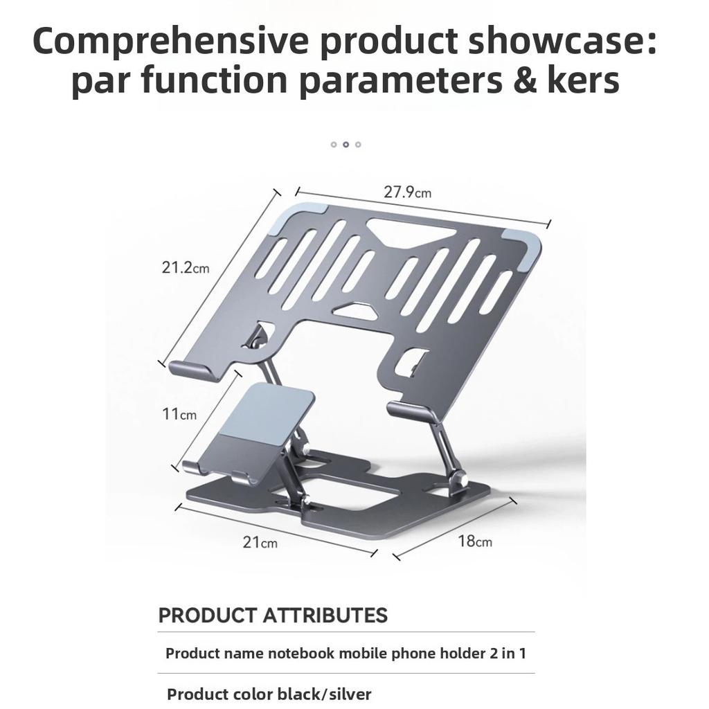 2-in-1 Laptop Phone Cooling Bracket Built-in Silent Fan, Height Increase Air Cooling Stand for Gaming Notebook Desktop