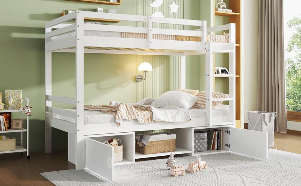 Etagenbett für Kinder, Kinderbett mit Schuhregalen und Schließfächern, Bett teilbar in 2 Einzelbetten, Jugendbett, Einzelbett, Weiß, 90x200cm.