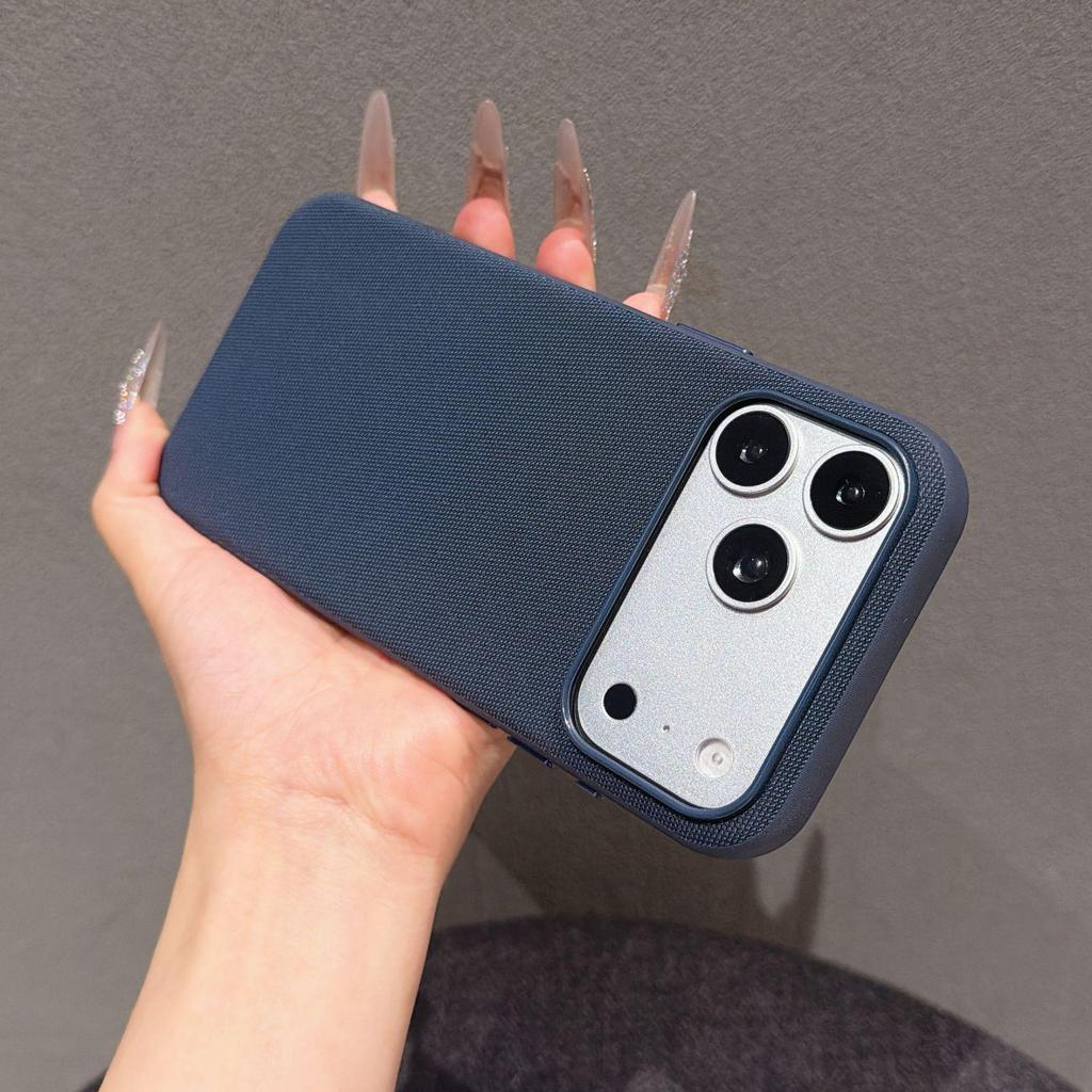 Magnetic Tech Cloth Fabric Phone Case for iPhone 15/16/17 Pro Max with Camera Button Protection.