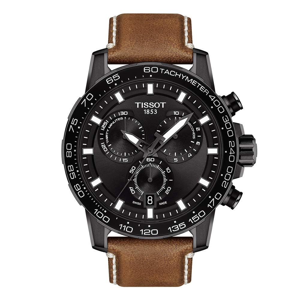 

Tissot Men s Super Sport Chronograph Watch, Black Dial, Leather Strap, T1256173605101 [Official Import]