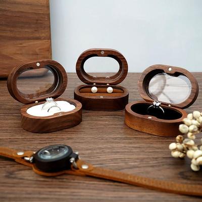 Retro Oval Wooden Jewelry Box Lover Ring Display Box Engagement Wedding Couples Ring Storage Holder Love Gift