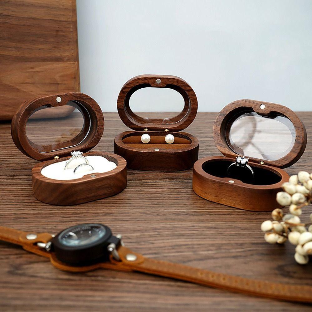 Retro Oval Wooden Jewelry Box Lover Ring Display Box Engagement Wedding Couples Ring Storage Holder Love Gift