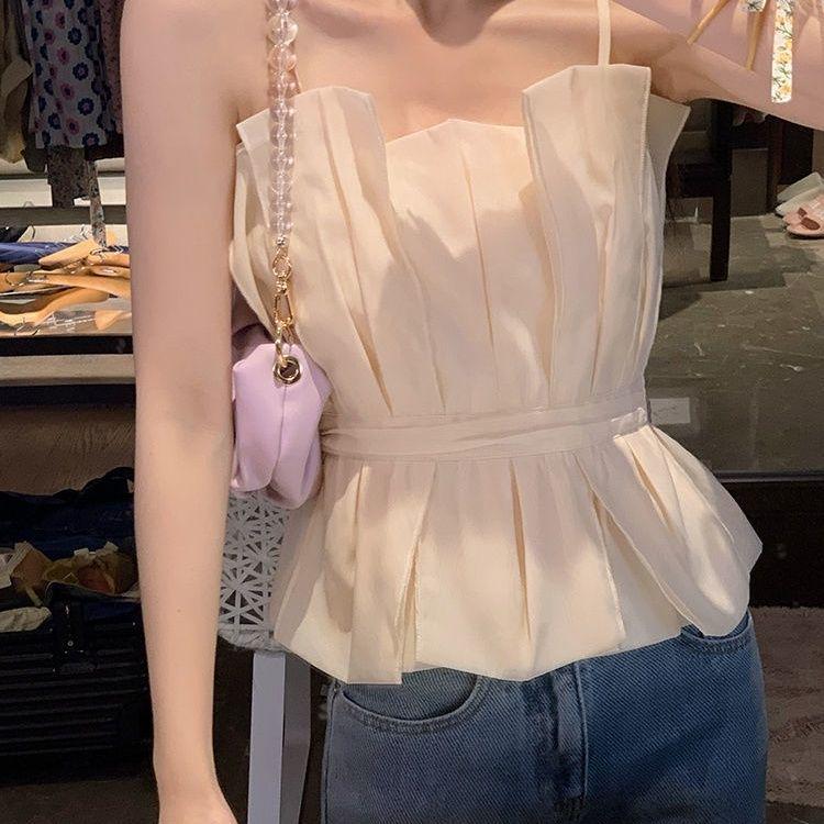 Women s 2026 Summer Stylish Patchwork 3D Pleated Waist-Cinched Camisole Tank Top XXS