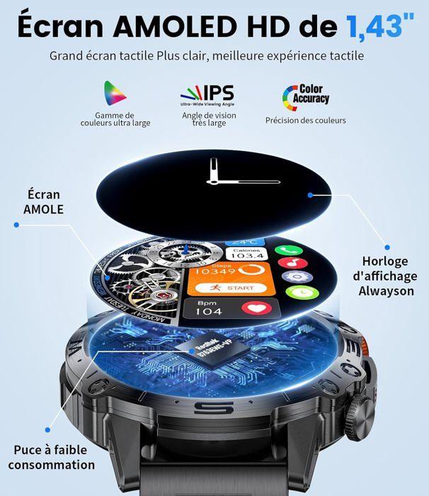 Montre connectée - ABIESSENCE - 1,43" AMOLED HD - 100 modes sportifs - Appels Bluetooth - Étanchéité IP68