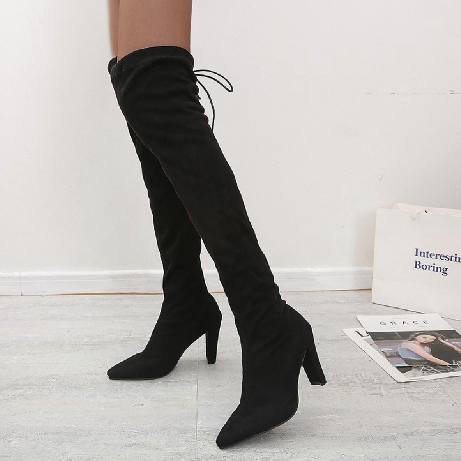 Зимние и осенние сапоги. Женские замшевые длинные сапоги с острым носком. Туфли — фото 12