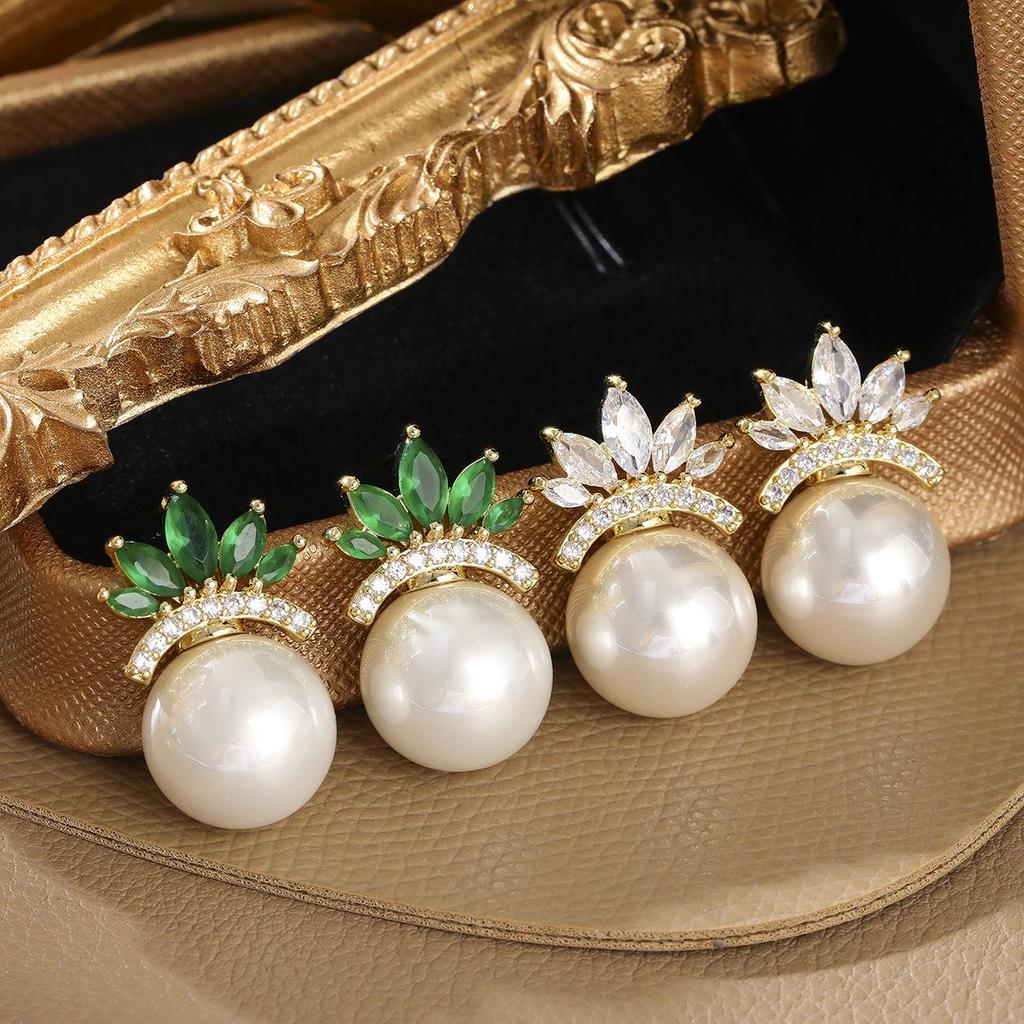 Elegant Crown Pearl & Zircon Stud Earrings - Korean Style, Versatile & Light Luxury