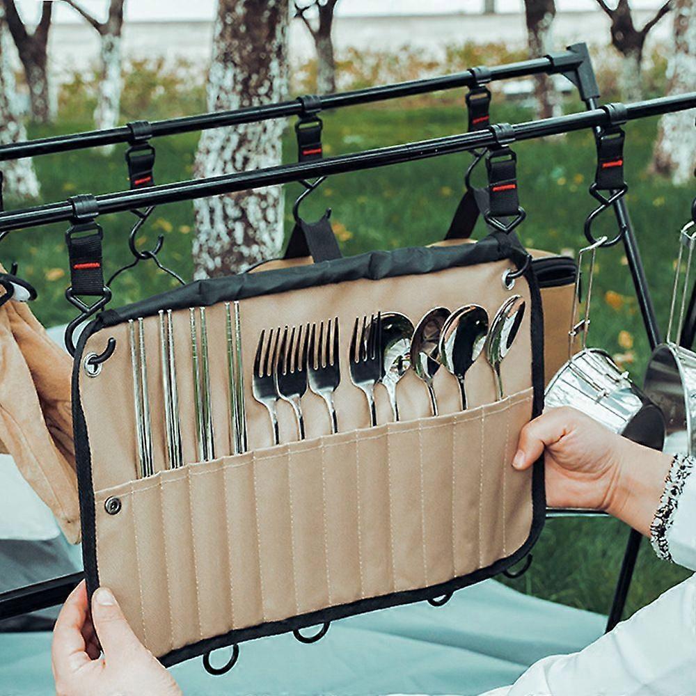 Portable Camping Utensil Storage Bag, Roll Up Cutlery Organizer Pouch with Hanging Hooks, Outdoor Travel Cookware Bag for Picnic BBQ Hiking, Khaki (Ba