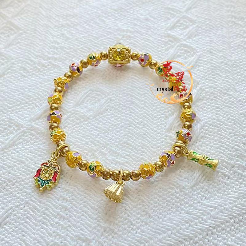 Yellow Cloisonné Lotus Pod Bamboo Bracelet with Gold Foil and Beads
