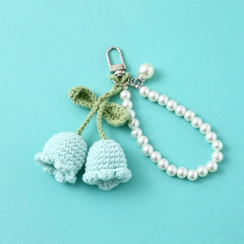 Korean Style Cute Yarn Crochet Girl Keychain with Pearl Chain and Decorative Bag Buckle