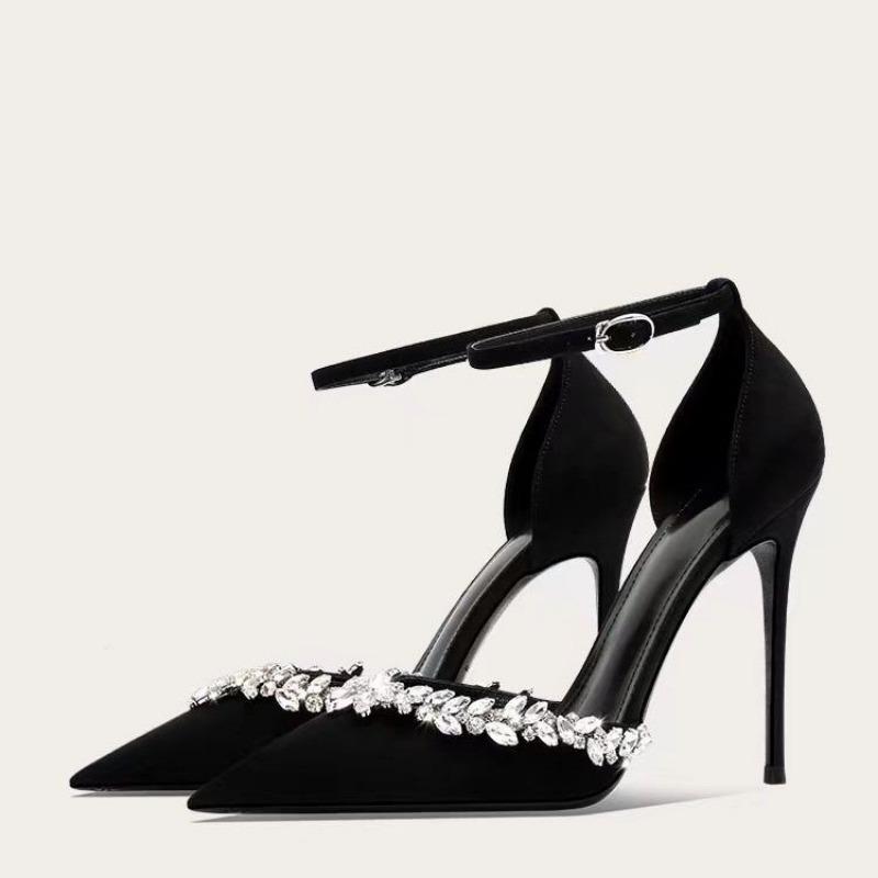 New Single Shoes Spring New Pointed Head Shallow Mouth Suede Sequin Metal Buckle A Line with Non-slip High Heels