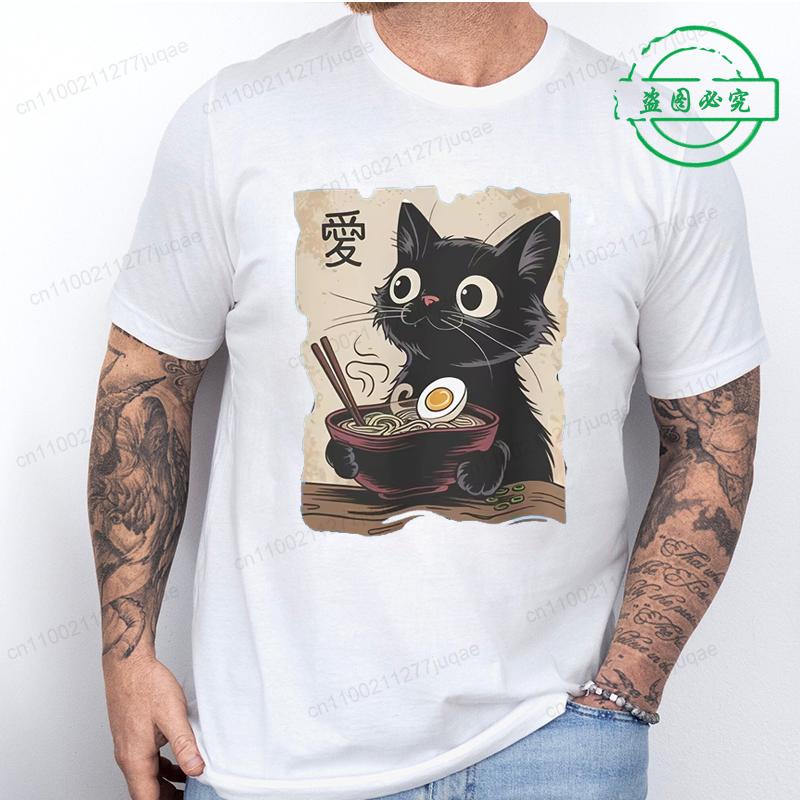 

Fashion Men Women Casual Short Sleeve Tee Shirt Funny Cat Ramen T-shirt Graphic Tee Japanese Kawaii Anime Cat Graphic T Shirts L