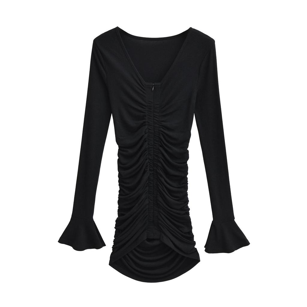 Women's V-Neck Flare Sleeve Slim Dress - Autumn/Winter Two-Way Pleated Short Skirt