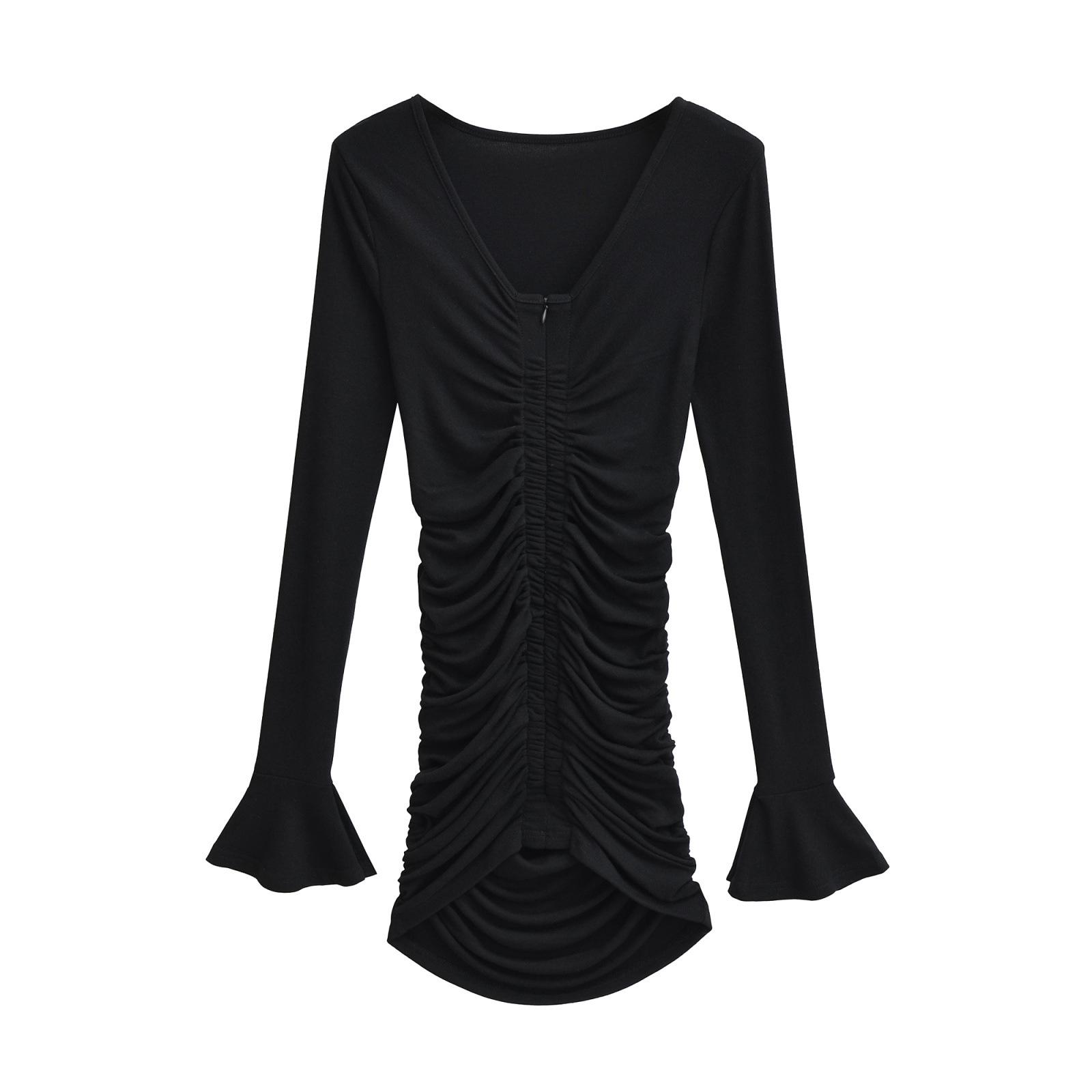 

Women s V-Neck Flare Sleeve Slim Dress - Autumn/Winter Two-Way Pleated Short Skirt Medium